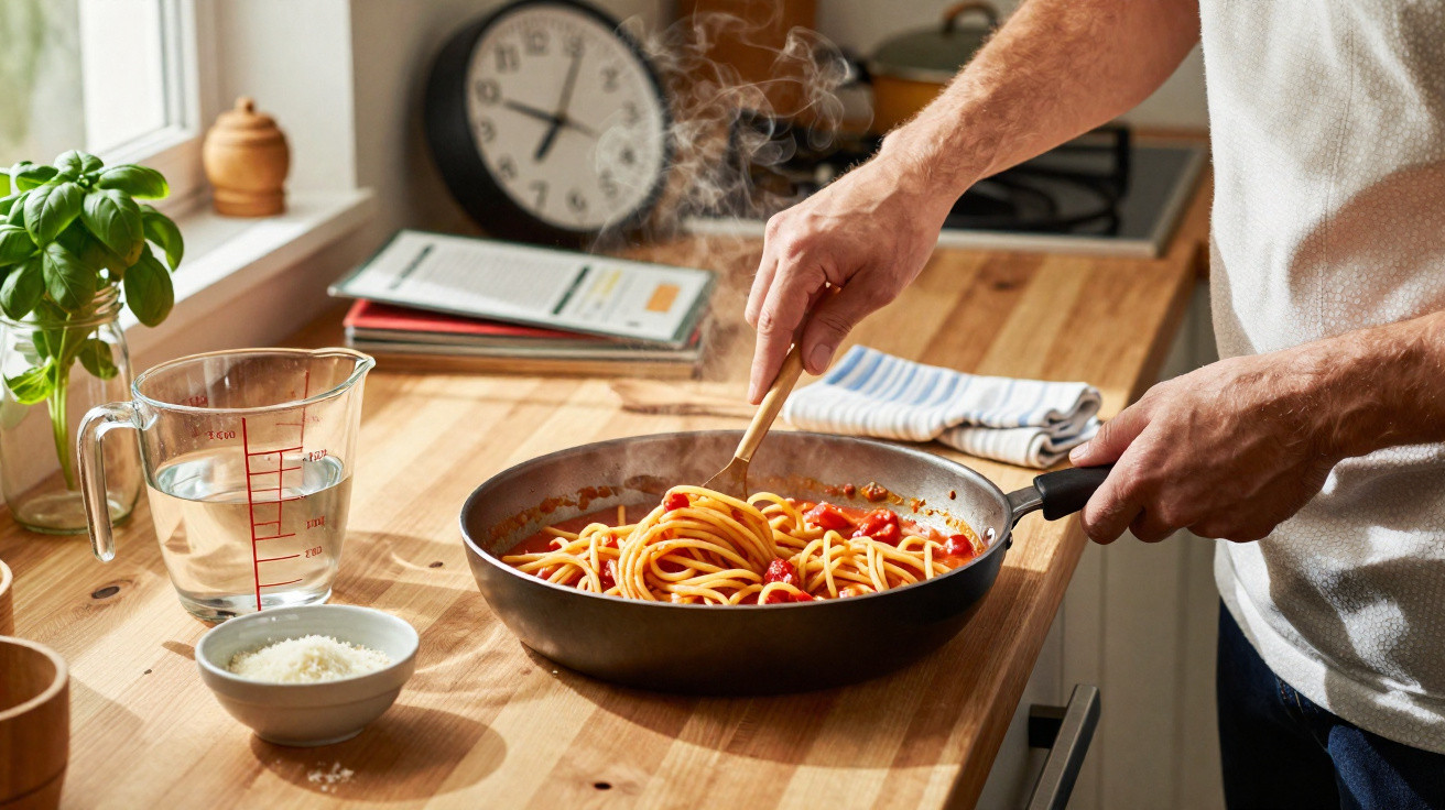 Pessoa a cozinhar esparguete com molho de tomate numa frigideira numa cozinha iluminada.