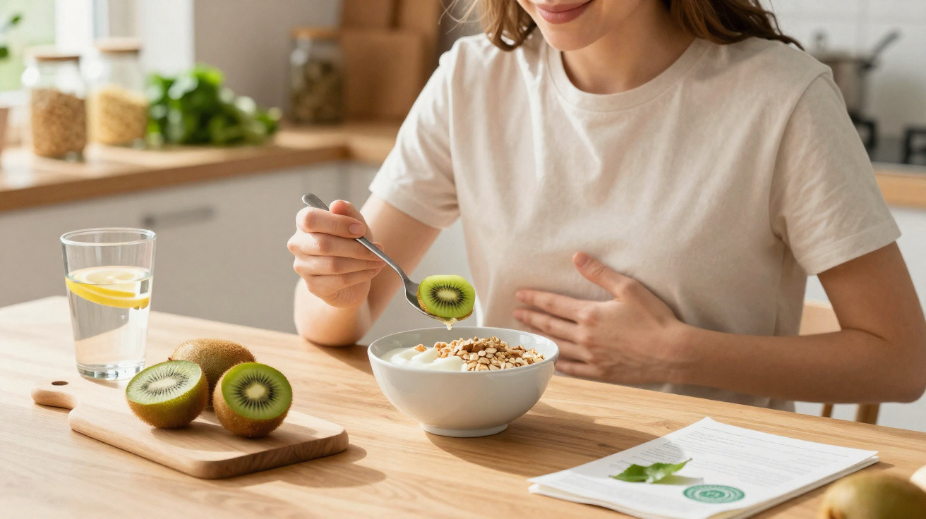 Mulher a comer iogurte com kiwi e granola numa cozinha iluminada, ao lado de copo de água com limão.