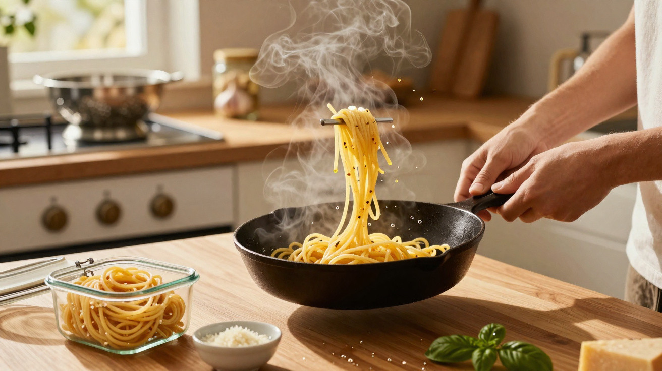 Massa espaguete quente sendo mexida numa frigideira com vapor e queijo ralado numa cozinha moderna.