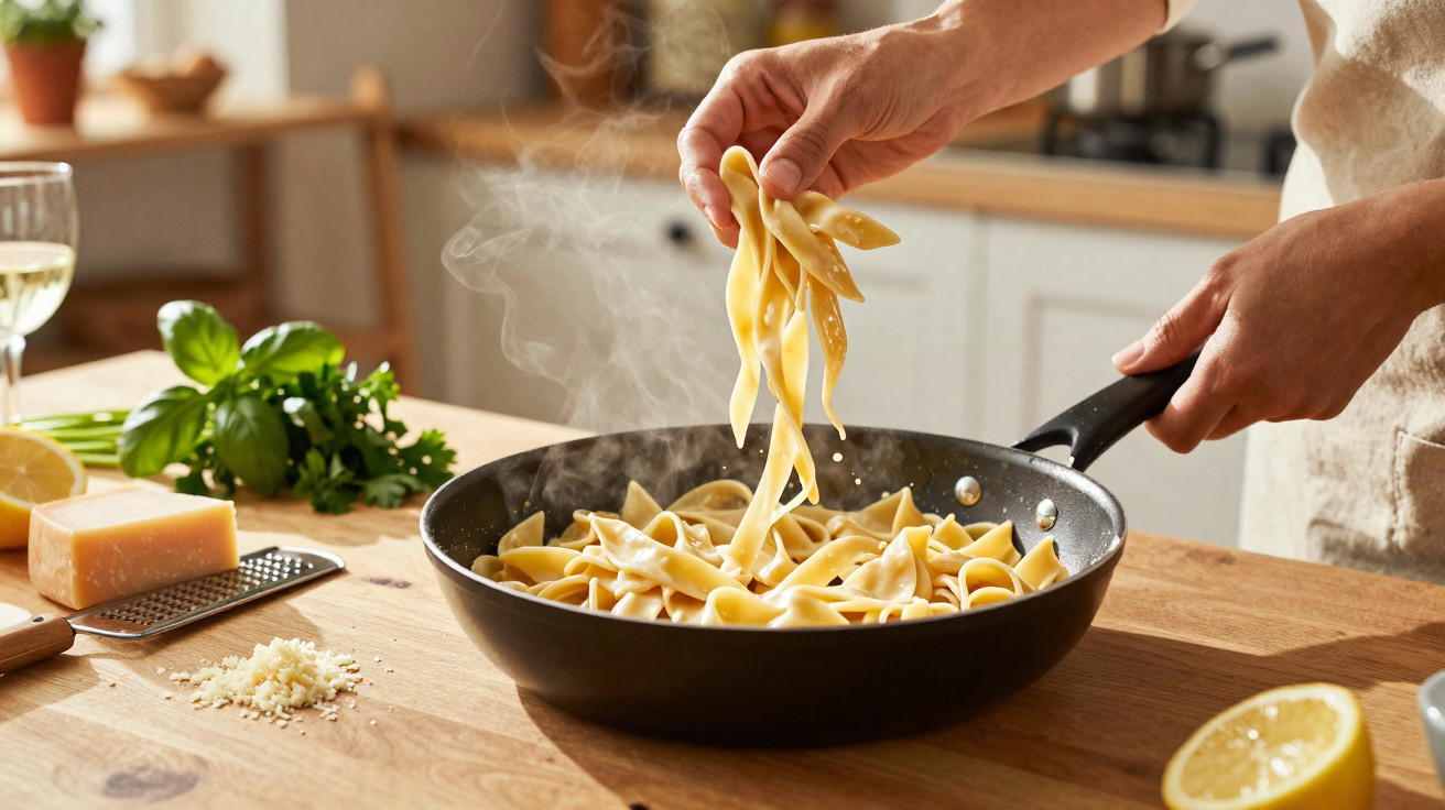 Pessoa a cozinhar massa fresca numa frigideira com ervas e queijo à volta numa cozinha iluminada.
