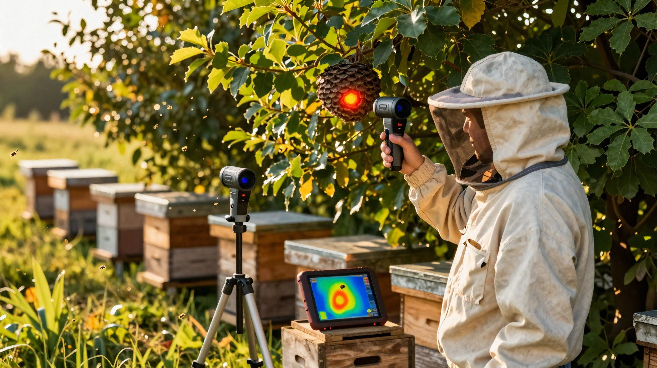 Apicultor com roupa de proteção inspeciona um ninho com dispositivo térmico junto a colmeias num campo.