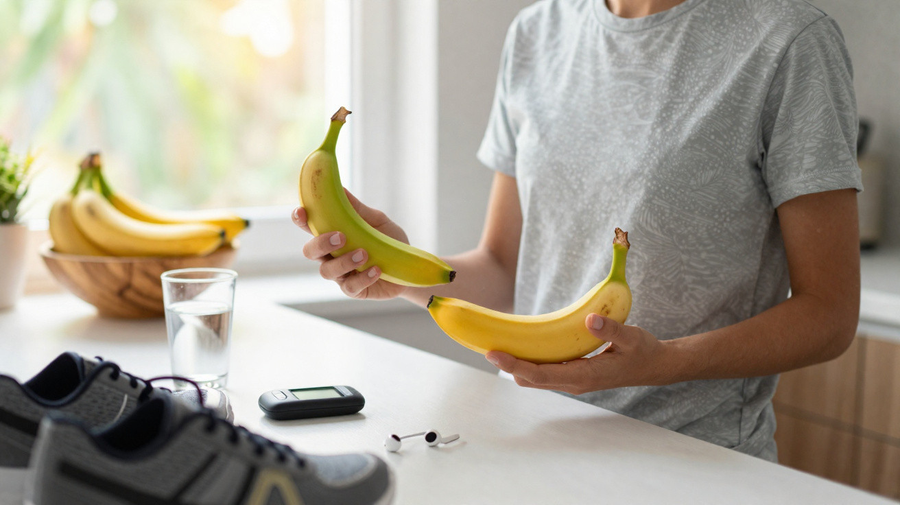 Pessoa segurando duas bananas numa cozinha com ténis, copo de água, auriculares e um dispositivo de medição na bancada.