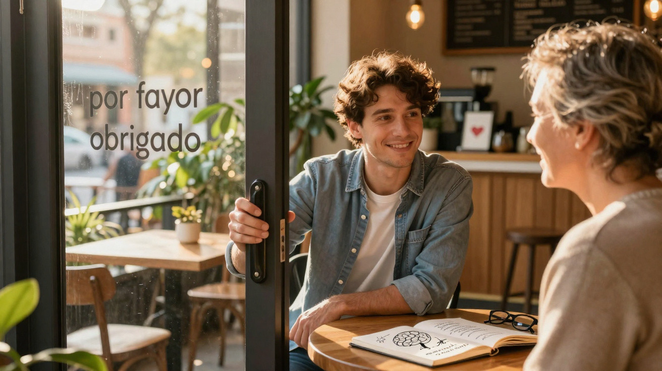 Jovem abre porta de café para mulher, sorrindo, com livro aberto na mesa e mensagem "por favor obrigado" na porta.
