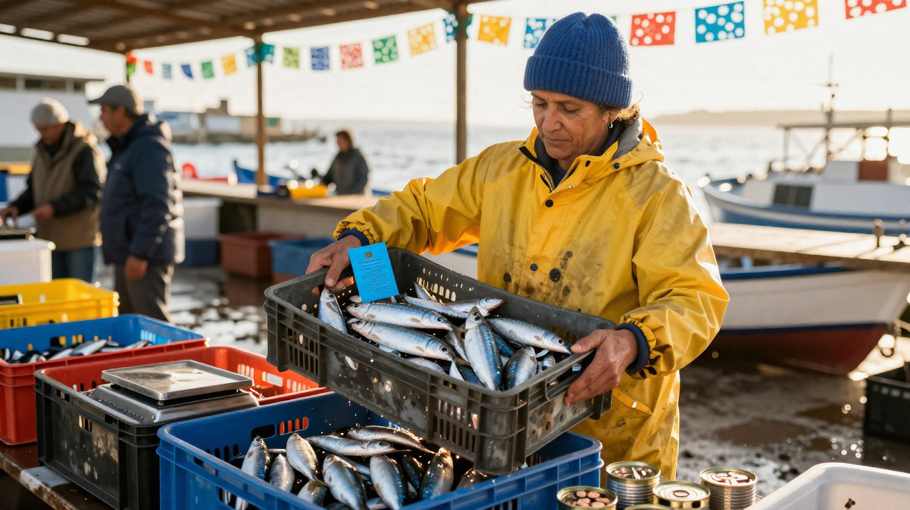 Homem com fato amarelo segura caixa de pescada fresca num mercado junto ao mar.