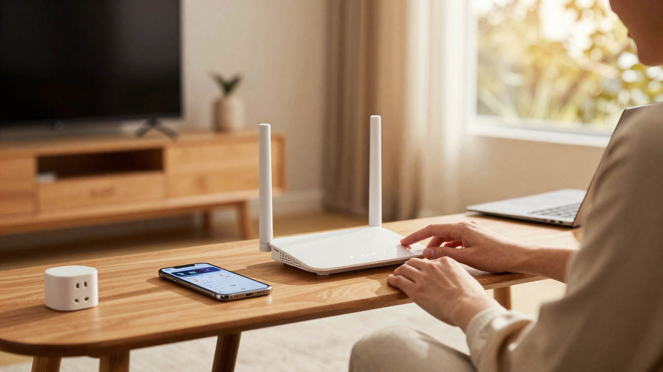 Pessoa a configurar um router Wi-Fi numa mesa de madeira com telemóvel e computador portátil ao lado.