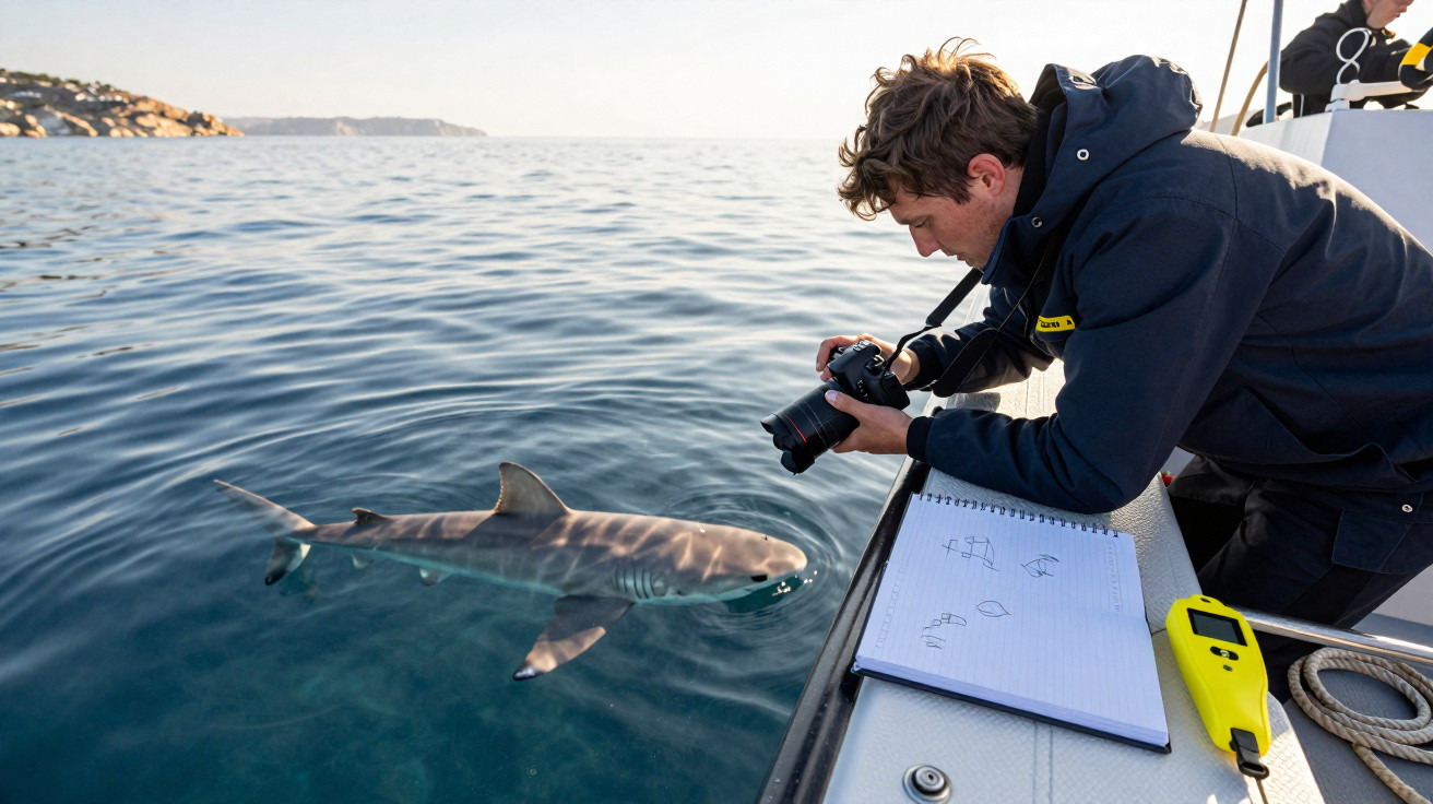 Homem tira fotos de tubarão junto ao barco com caderno de anotações e equipamentos no convés em mar calmo.