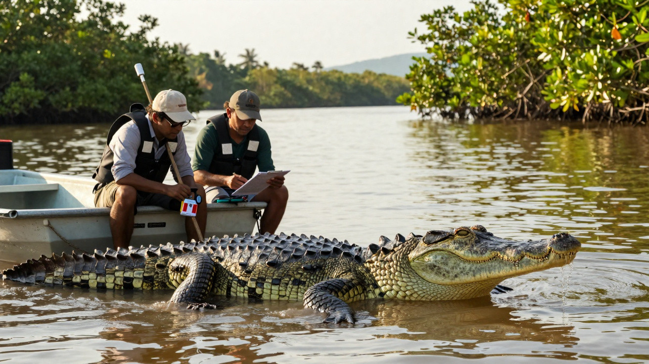 Dois homens em barco observam e registam dados de um crocodilo no rio rodeado de vegetação.