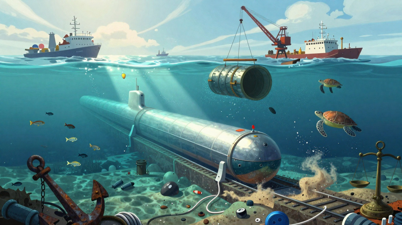 Submarino no fundo do mar com tartarugas, peixes, navios e guindaste a baixar um tambor gigante.