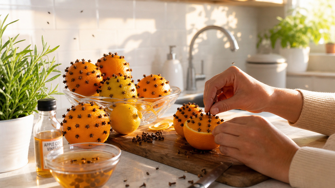 Mãos a espetar cravos em laranjas e limões numa cozinha iluminada com utensílios de vidro e plantas.