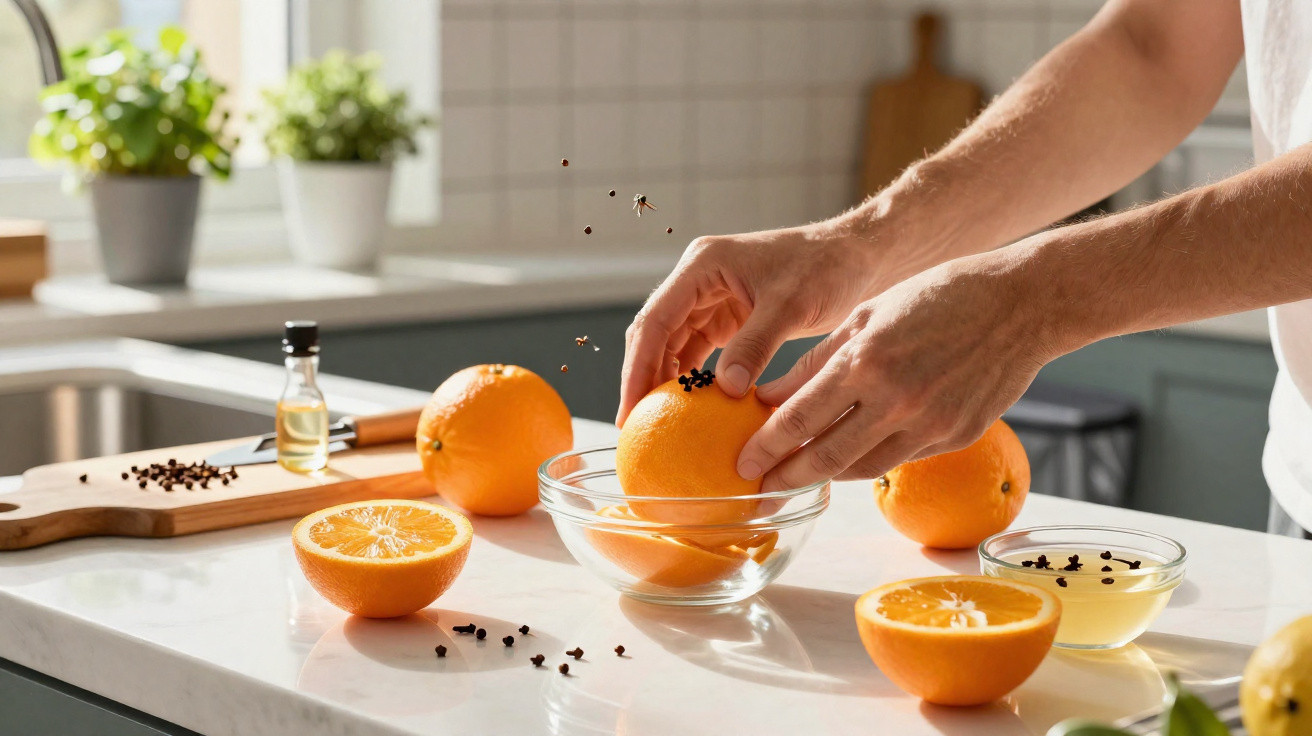 Mãos a espetar cravos numa laranja num balcão de cozinha com outras laranjas e ingredientes.
