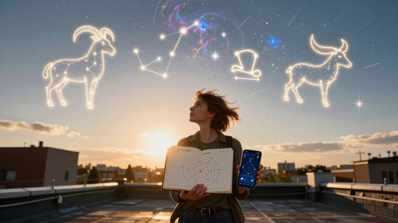 Pessoa em telhado ao pôr do sol segurando livro e telemóvel com constelações e signos iluminados no céu.