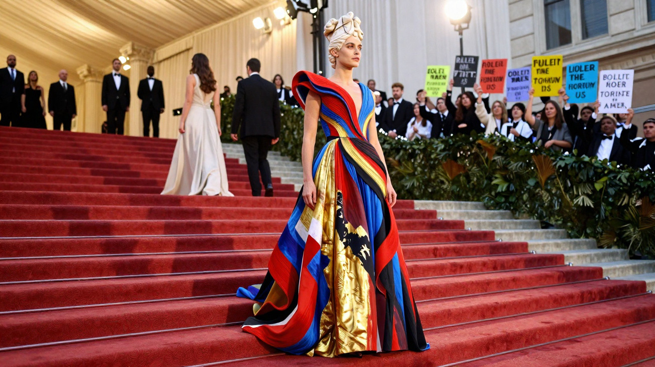 Pessoa com vestido colorido e estruturado numa escadaria vermelha, rodeada por pessoas e fotógrafos.