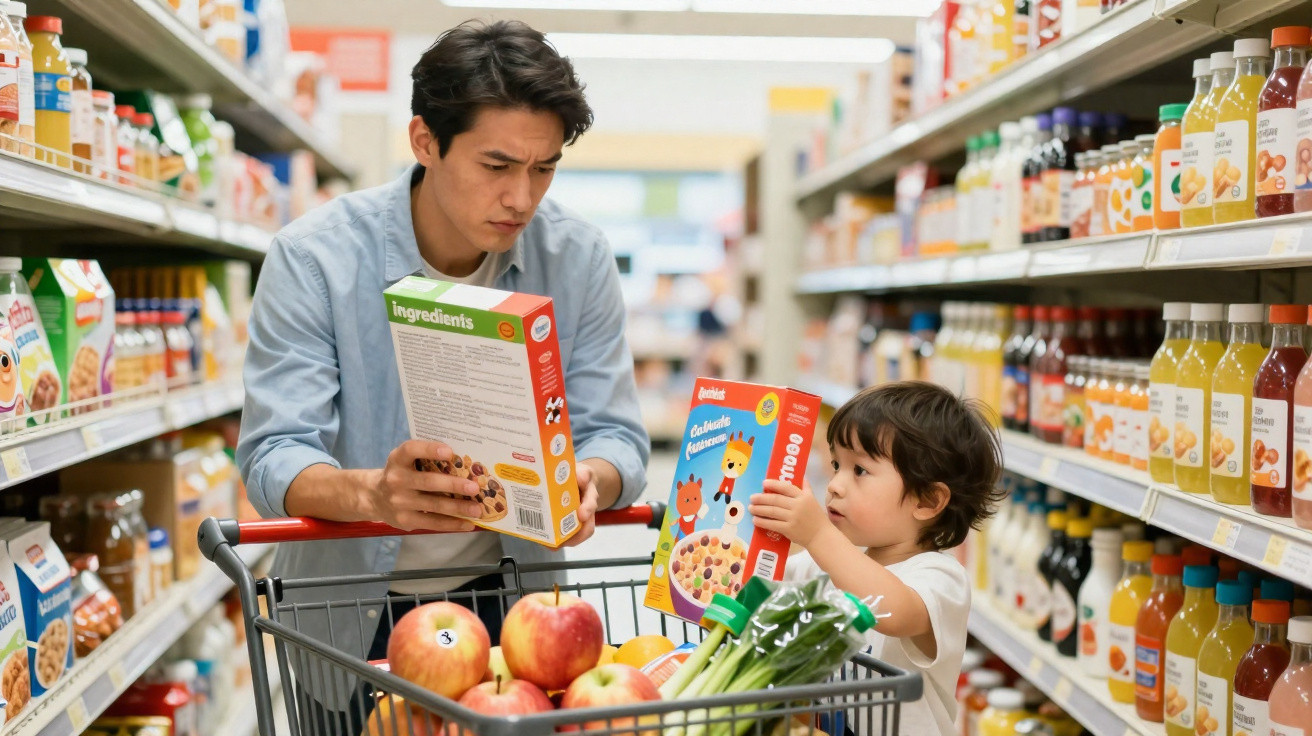 Pai e filho escolhem cereais no supermercado, carrinho com frutas e legumes entre prateleiras de sumos.