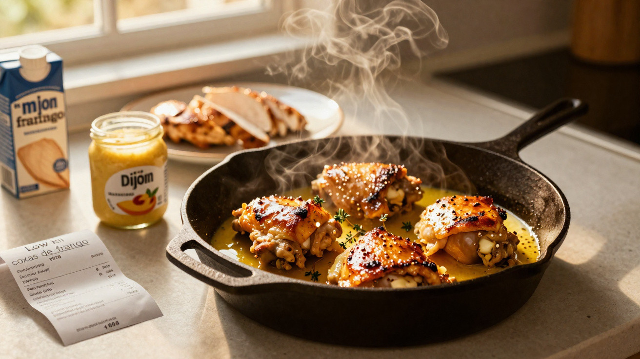Frango com molho a cozinhar numa frigideira de ferro, com mostarda Dijon e embalagem de frango ao lado.