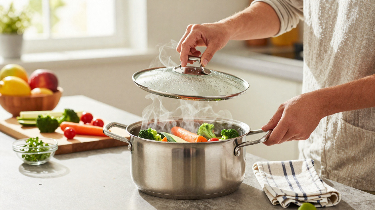 Pessoa a levantar a tampa de panela com legumes a vapor numa cozinha luminosa.