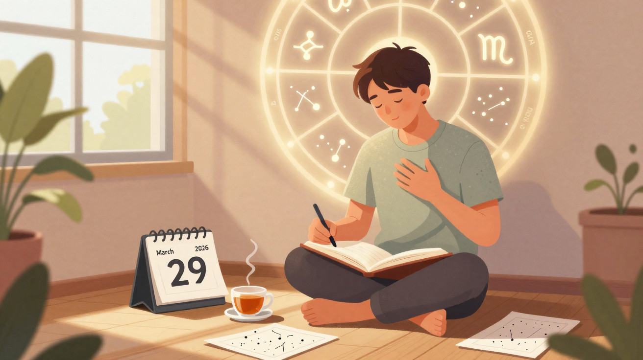 Jovem sentado no chão, escrevendo num livro com símbolos do zodíaco iluminados atrás e chá na frente, 29 de março de 2026.