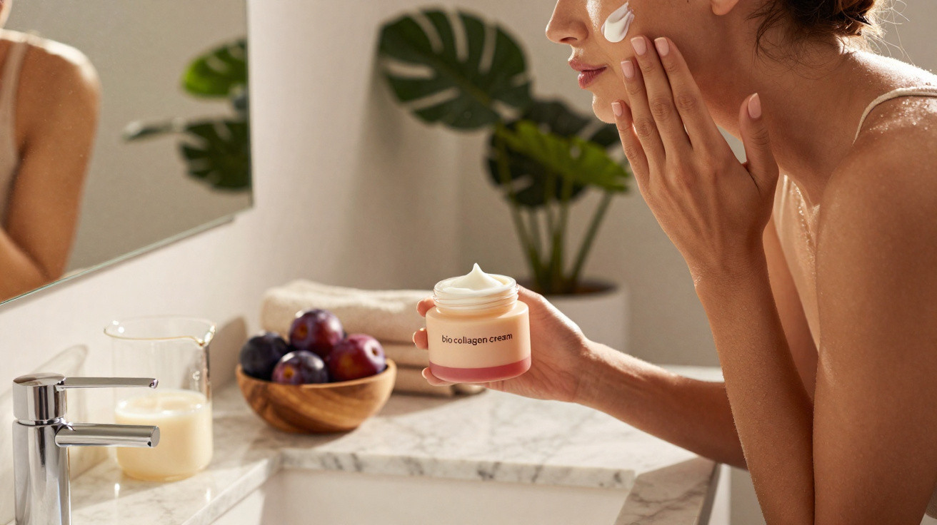 Mulher aplica creme bio collagen no rosto junto a pia de casa de banho iluminada e decorada.
