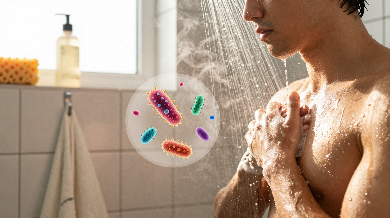Homem a tomar duche e a lavar o peito, com ilustração de bactérias coloridas sobrepostas.