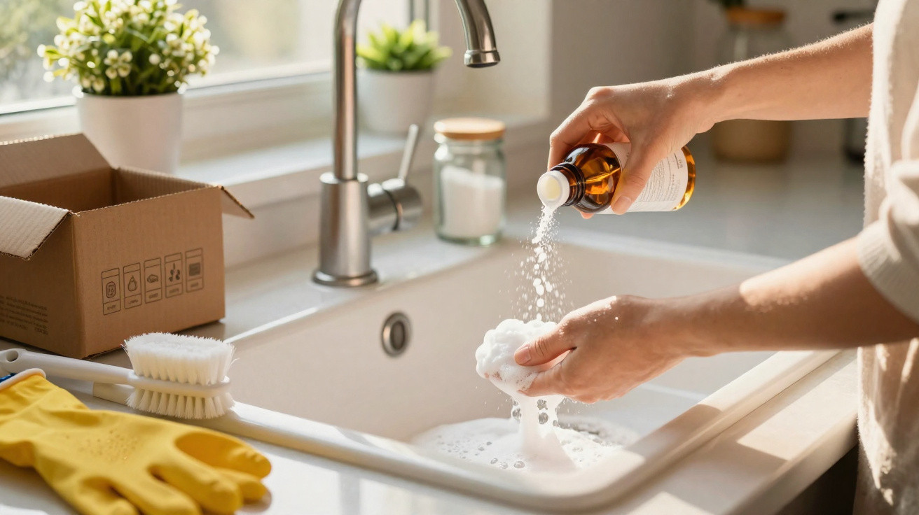 Mãos a adicionar detergente líquido a uma esponja de limpeza numa pia branca com acessórios de limpeza.