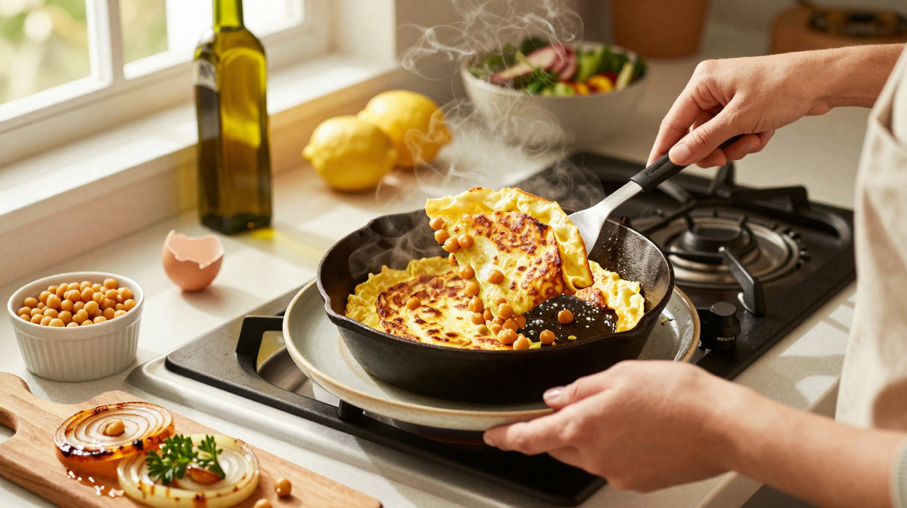 Pessoa a cozinhar omelete com grão-de-bico numa frigideira num fogão doméstico, com ingredientes ao redor.