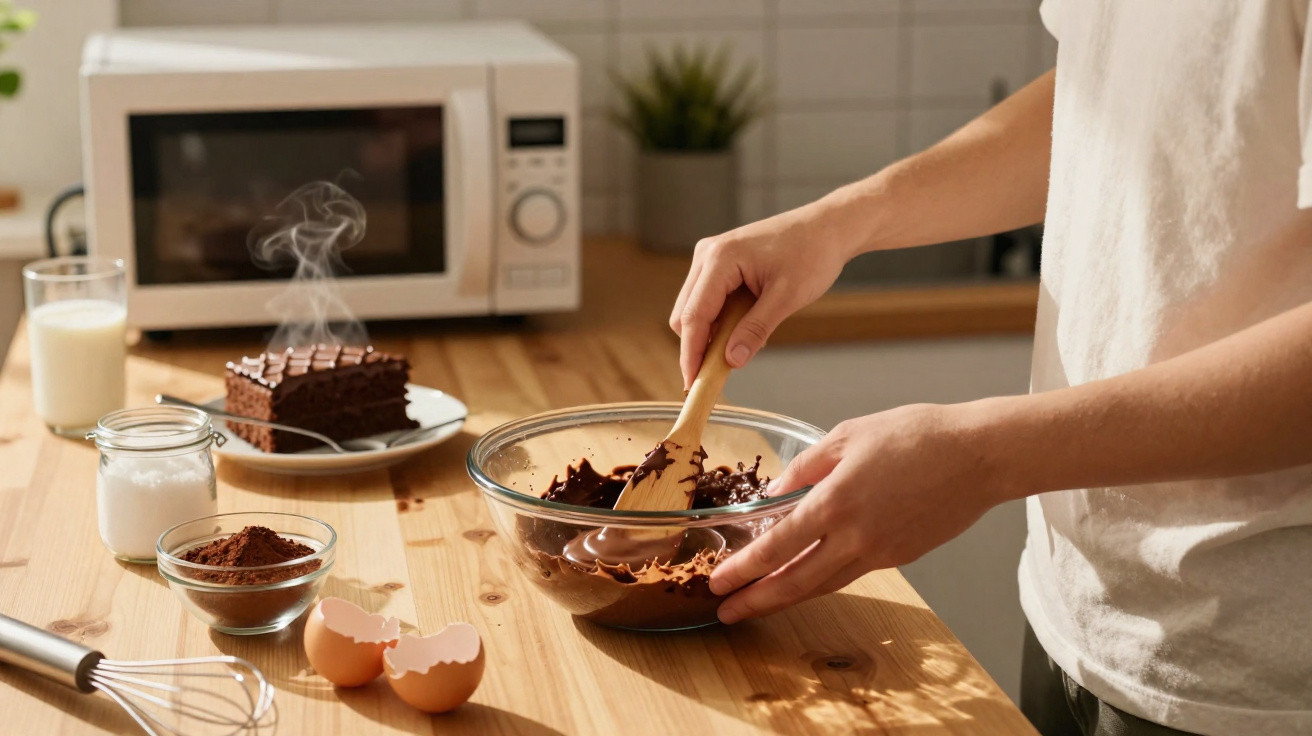 Pessoa a mexer chocolate derretido numa taça de vidro numa cozinha com bolo e micro-ondas ao fundo.