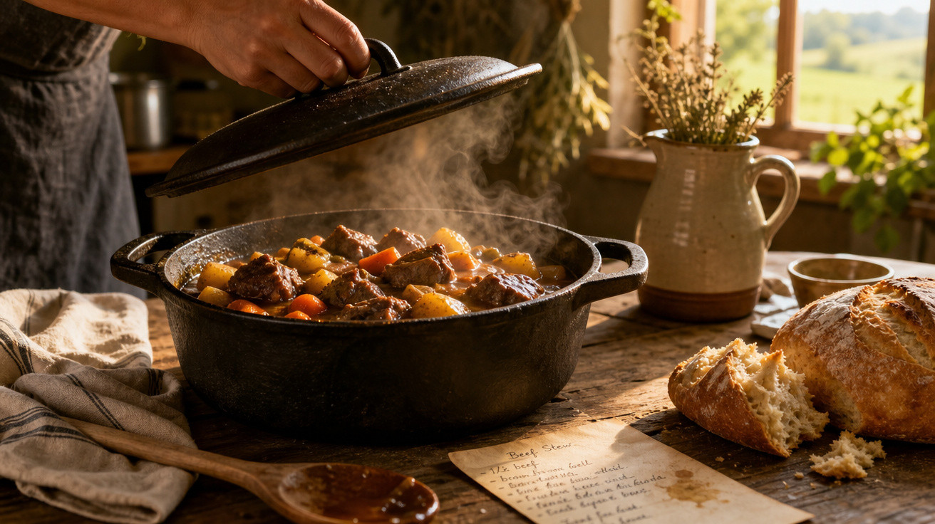Tacho de ferro com ensopado de carne e legumes a fumegar numa cozinha rústica, ao lado de pão rústico partido.