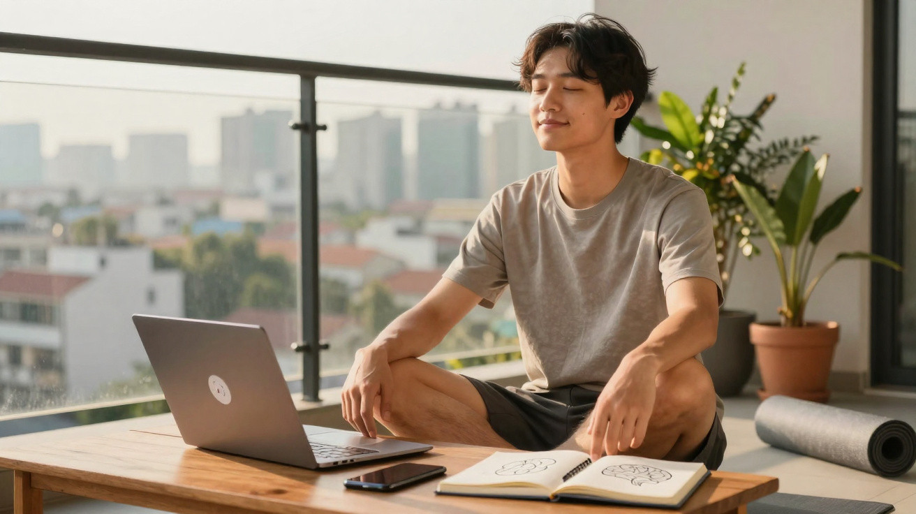 Homem jovem sentado de pernas cruzadas numa varanda, meditando com olhos fechados junto a um portátil, telemóvel e caderno ab