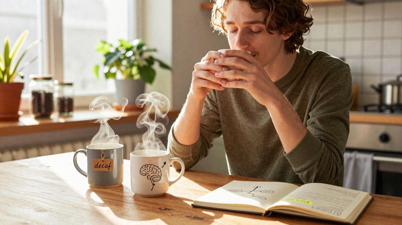 Homem sentado a beber café quente numa cozinha iluminada, com duas chávenas e um livro aberto sobre a mesa.