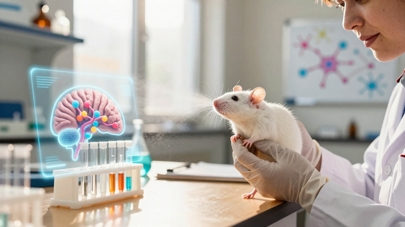 Cientista segura rato branco em laboratório com representação digital de cérebro e tubos de ensaio coloridos.