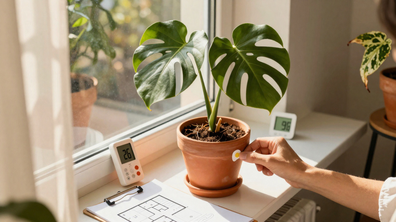Planta de Monstera em vaso, mão a colocar um sensor de humidade, termómetros no peitoril da janela iluminada.