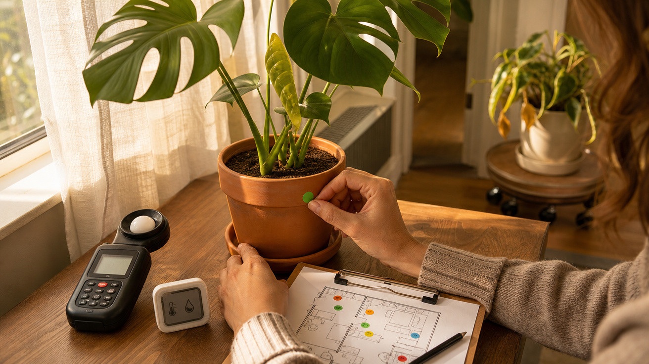 Pessoa a colar autocolante verde em vaso com planta numa mesa junto à janela com equipamentos de medição.