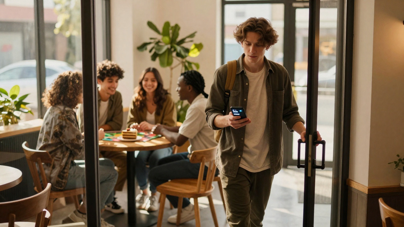 Jovem a entrar numa sala com amigos sentados à mesa a conversar num ambiente informal e luminoso.