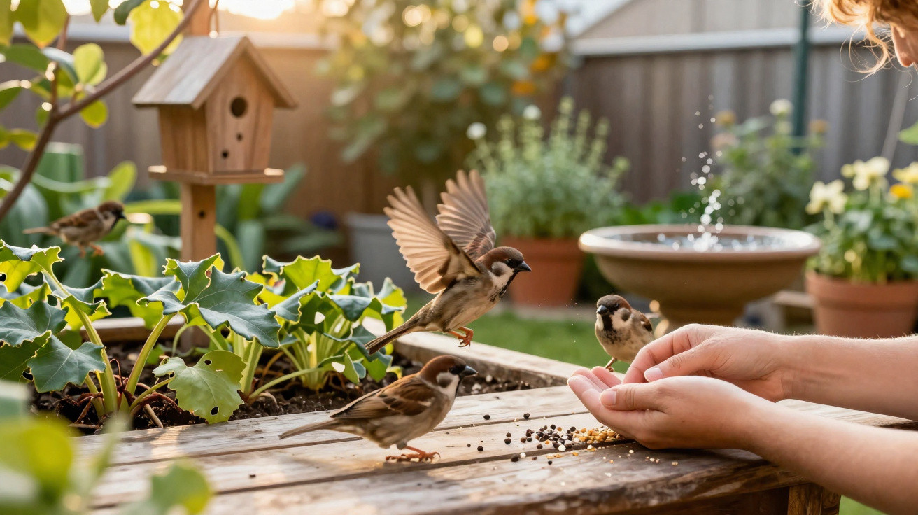 Mãos alimentam pardais num jardim com plantas, comedouro e fonte ao fundo ao pôr do sol.