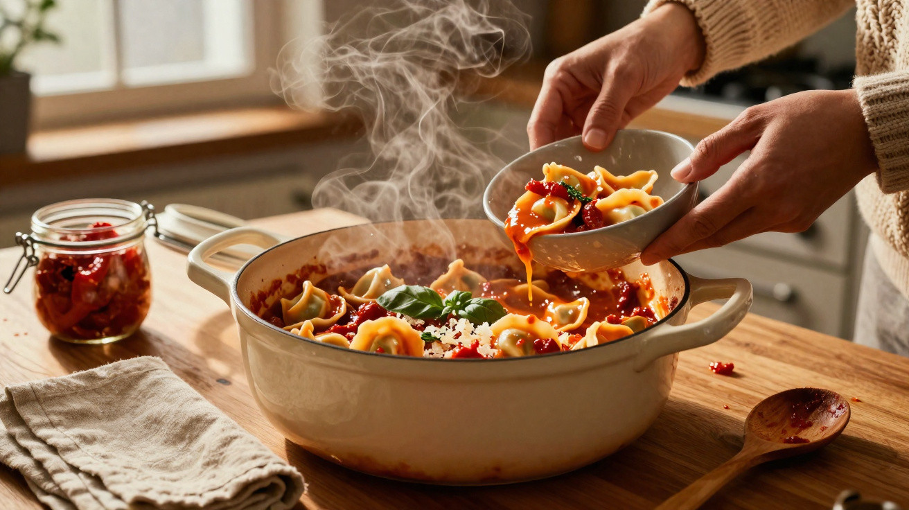 Pratos com massa cozinhada a vapor a ser servida com molho de tomate numa panela branca na cozinha.