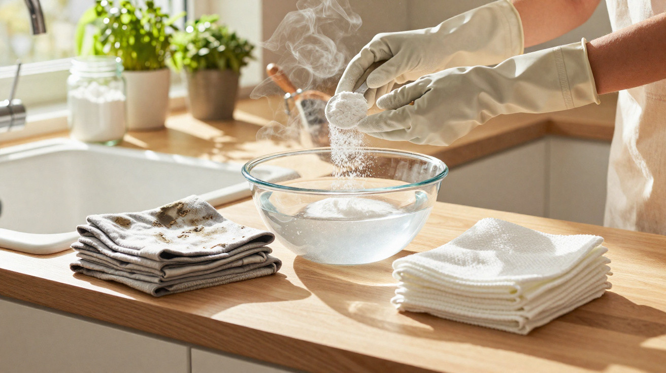 Pessoa a preparar solução de limpeza num recipiente com água, rodeada por panos sujos e limpos numa bancada da cozinha.