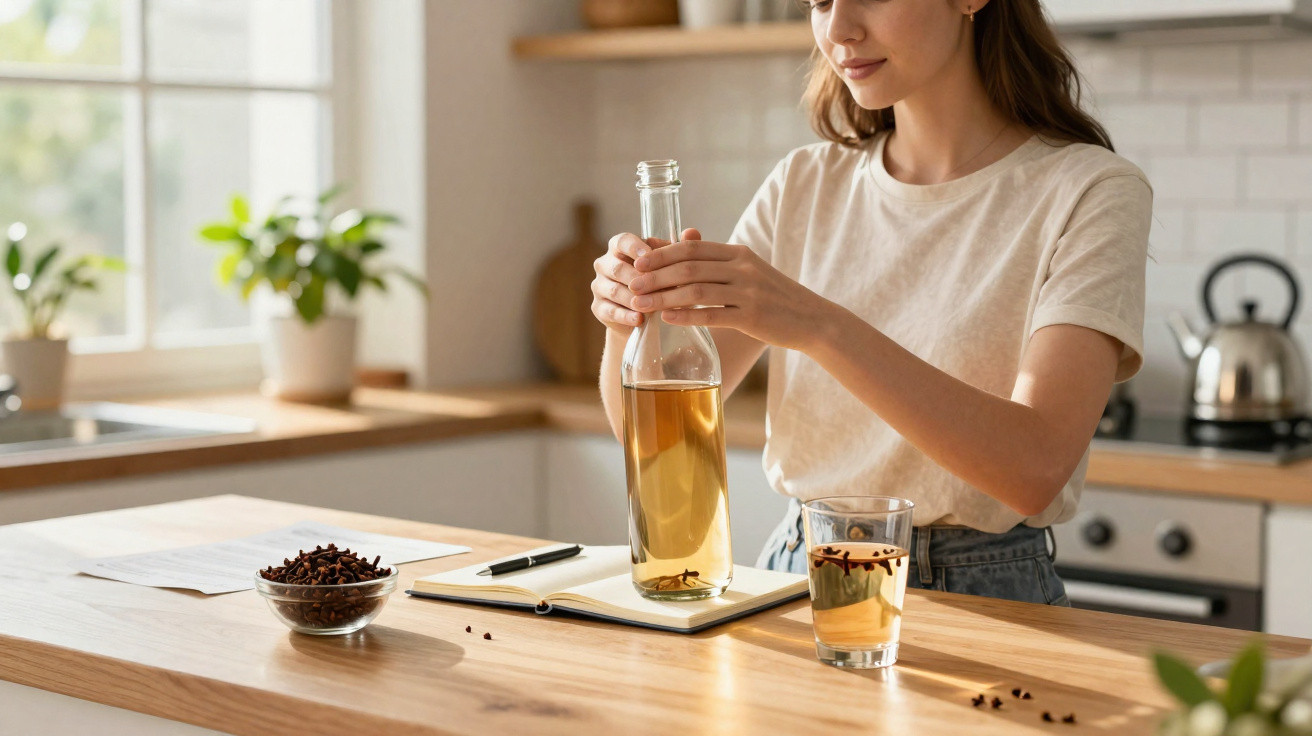 Mulher a preparar chá de ervas numa cozinha moderna, com garrafa e copo sobre a bancada de madeira.