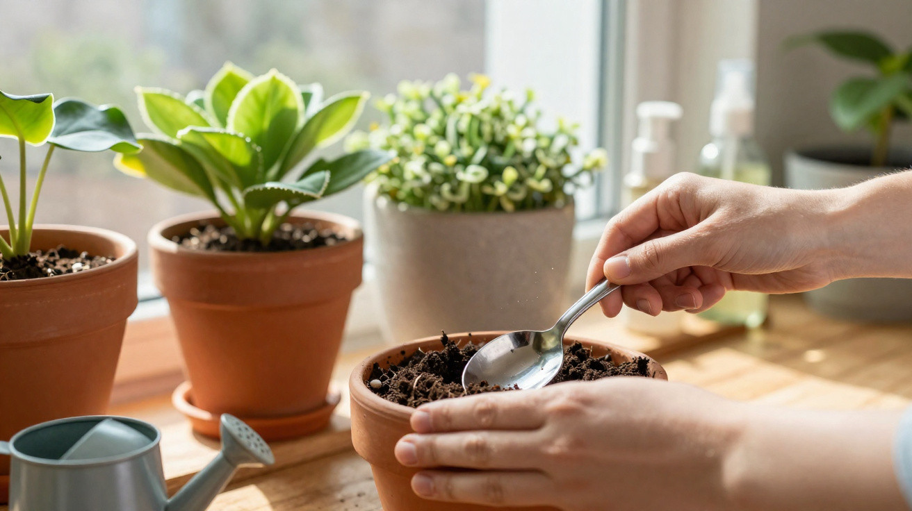 Mãos a preparar vaso com terra para plantar, ao lado de várias plantas em vasos e regador numa janela ensolarada.