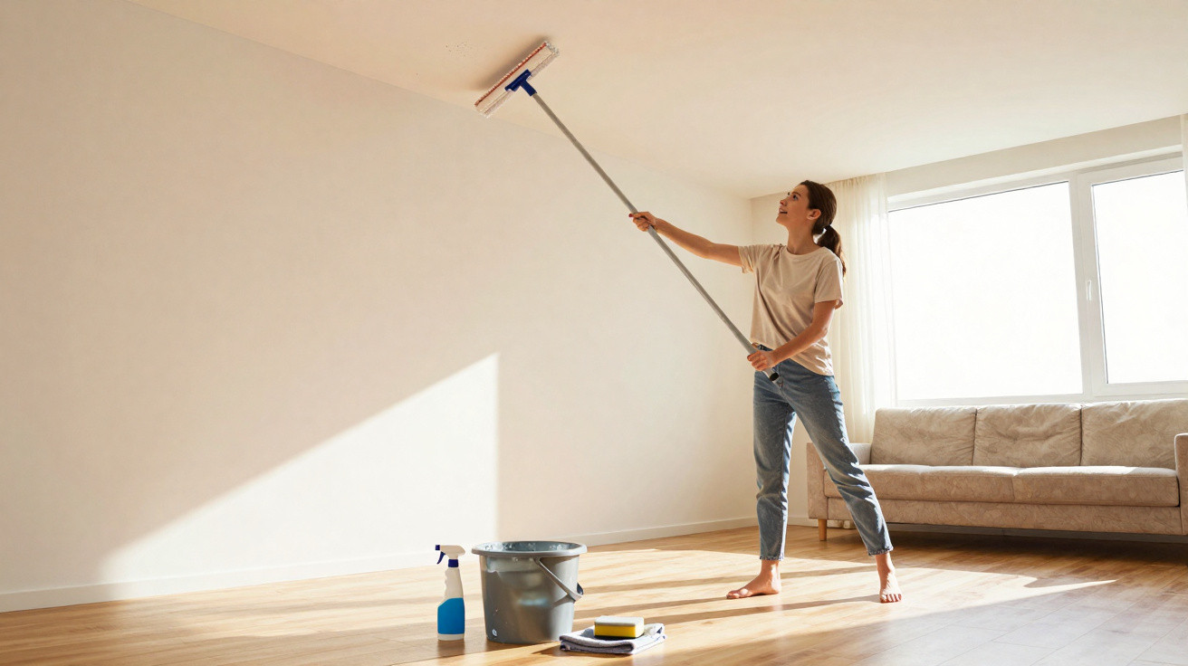 Mulher a limpar o teto com uma esfregona, num ambiente luminoso e com sofá ao fundo.