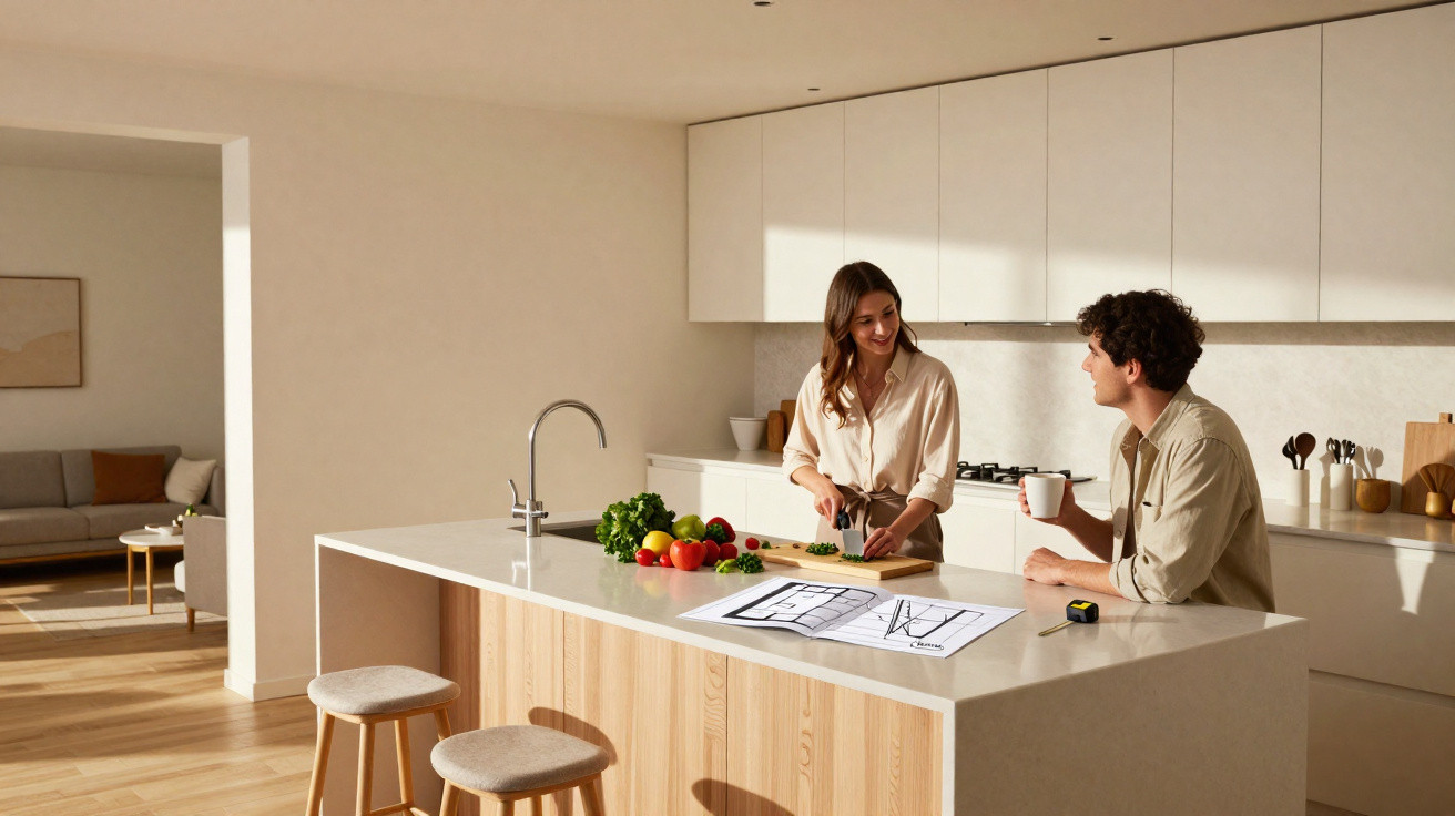 Casal jovem em cozinha moderna a preparar legumes, com planos de construção na bancada.