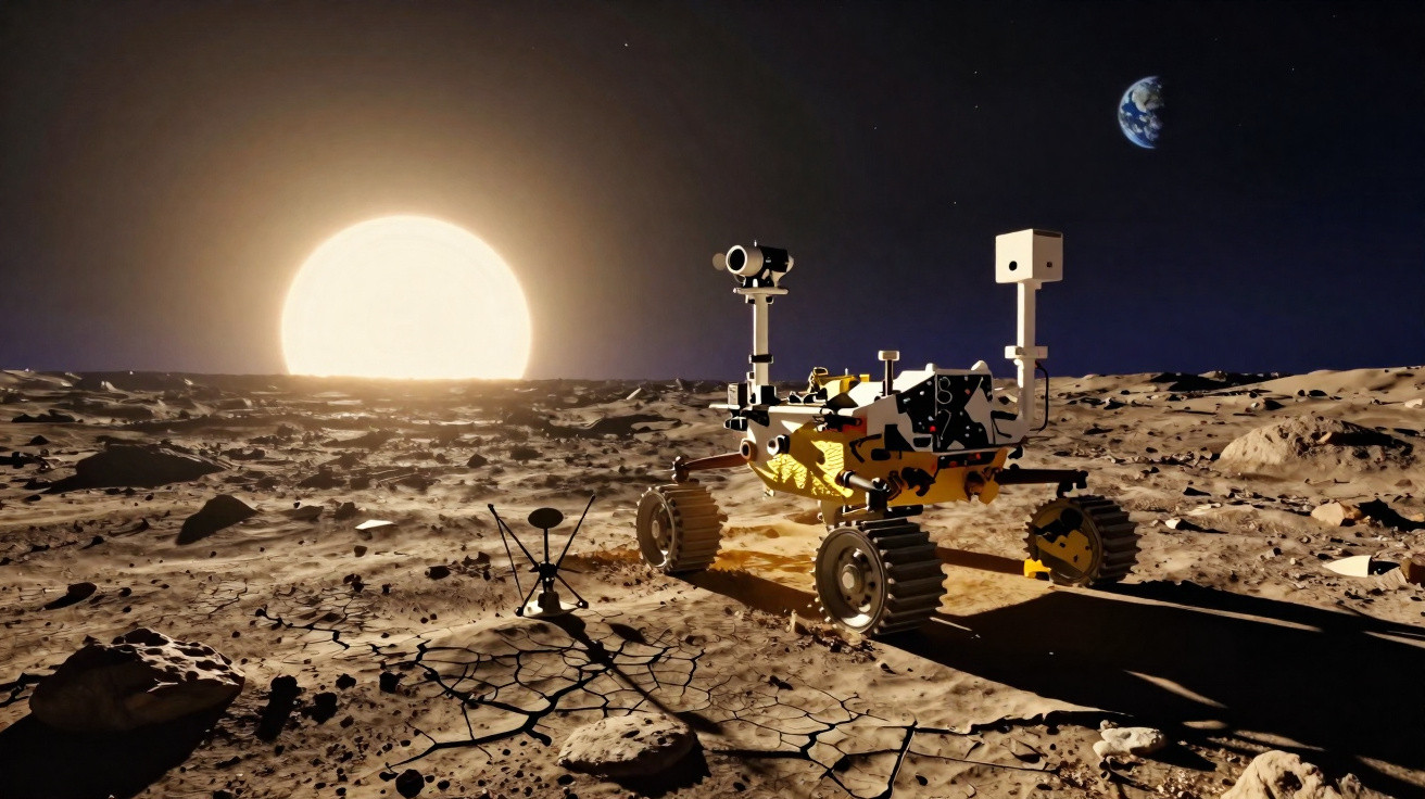 Rover explorando a superfície lunar com a Terra e o Sol visíveis no horizonte escuro do espaço.