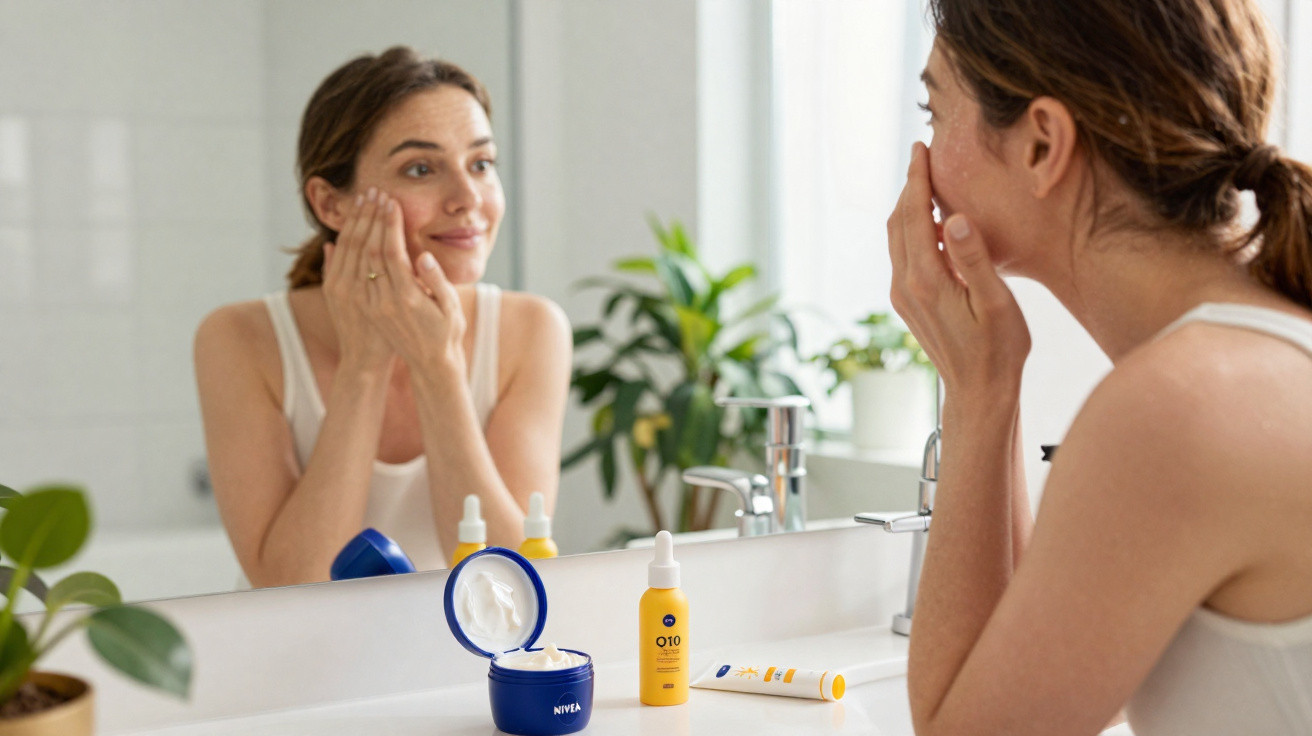 Mulher a cuidar da pele com creme hidratante e produtos de cuidado facial na casa de banho.