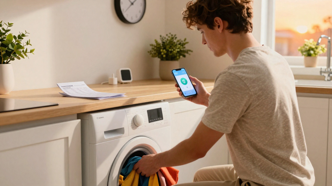 Homem a colocar roupa na máquina de lavar enquanto vê smartphone numa cozinha iluminada pelo pôr do sol.