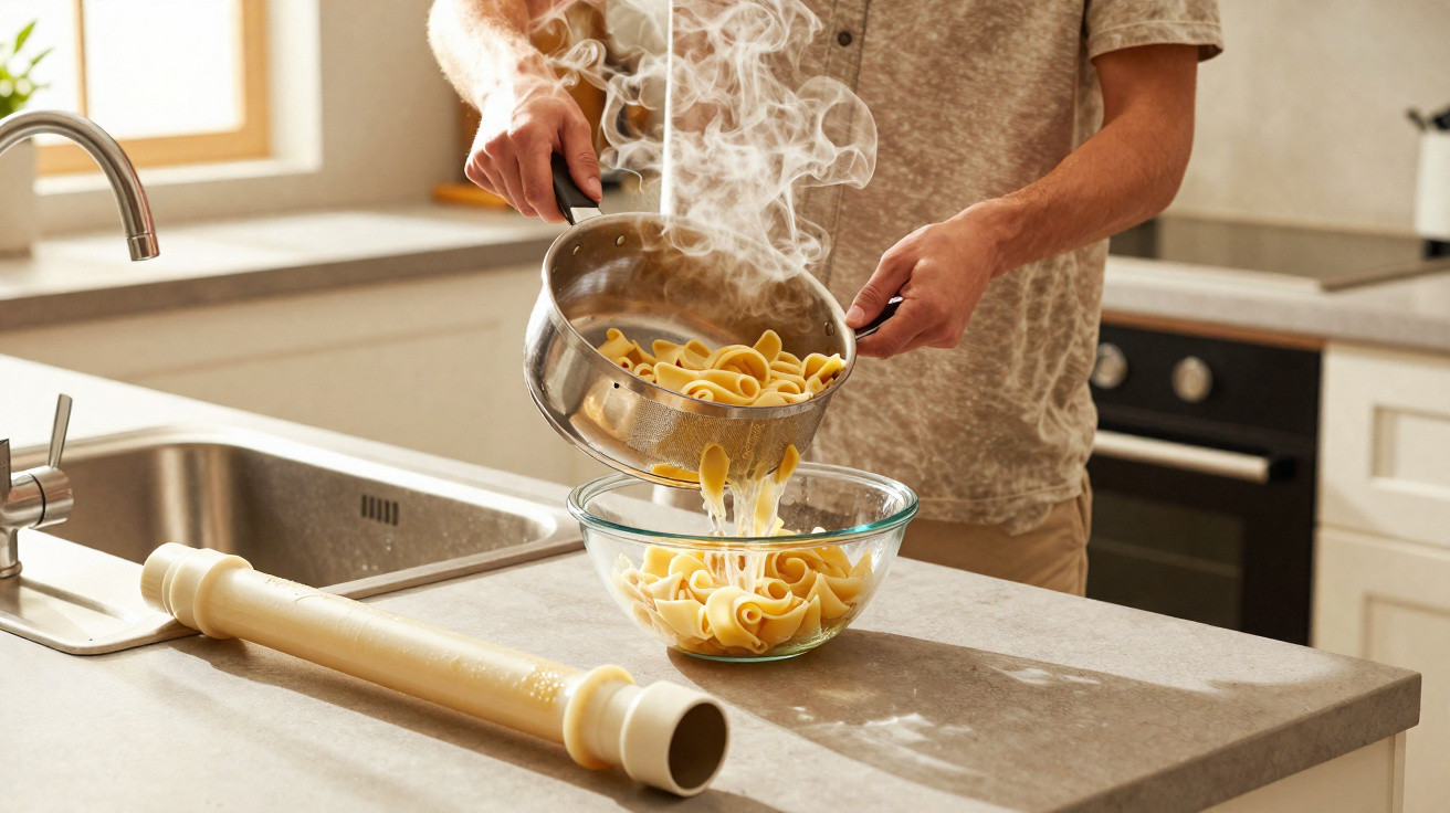 Pessoa a escorrer massa quente para uma taça de vidro numa cozinha moderna com luz natural.
