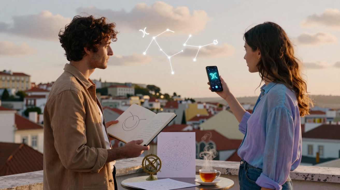 Duas pessoas estudam astrologia ao pôr do sol numa varanda com mapa, constelações e chá fumegante.