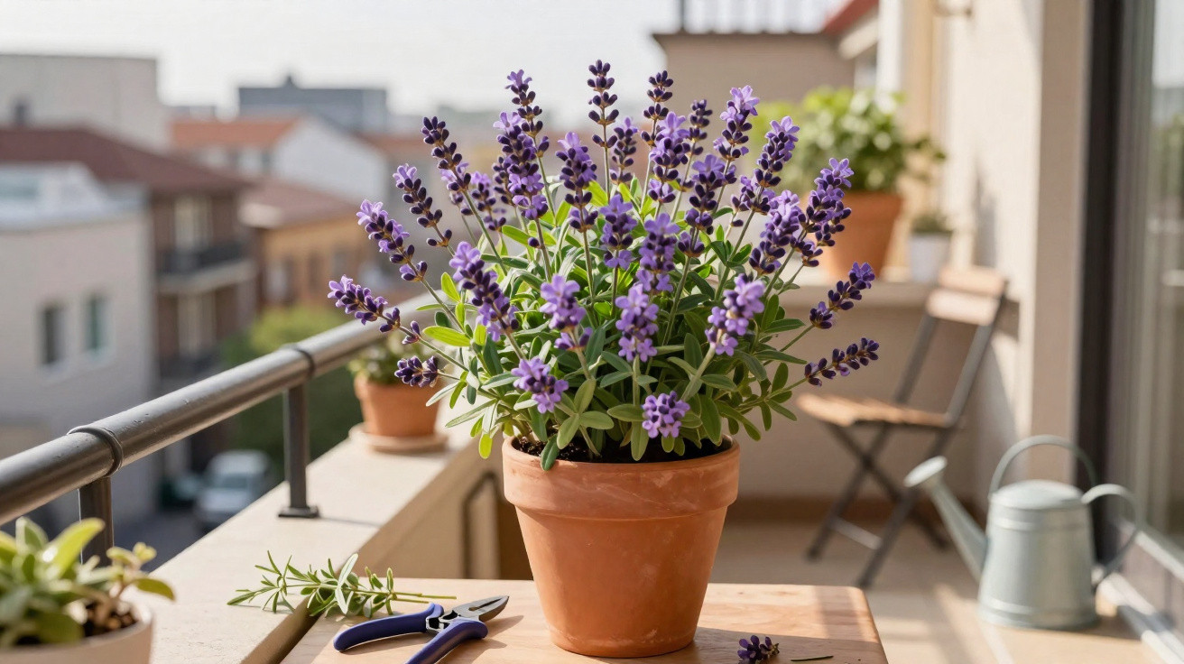 Vaso de barro com planta de lavanda roxa numa varanda ensolarada com cadeira e regador ao fundo.