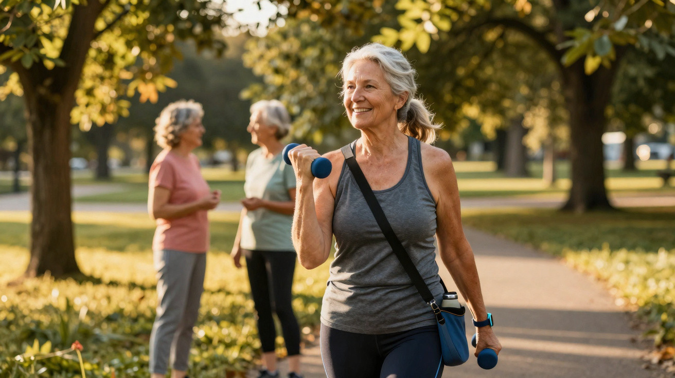 Mulher sénior a exercitar-se com halteres num parque, enquanto outras duas conversam ao fundo.