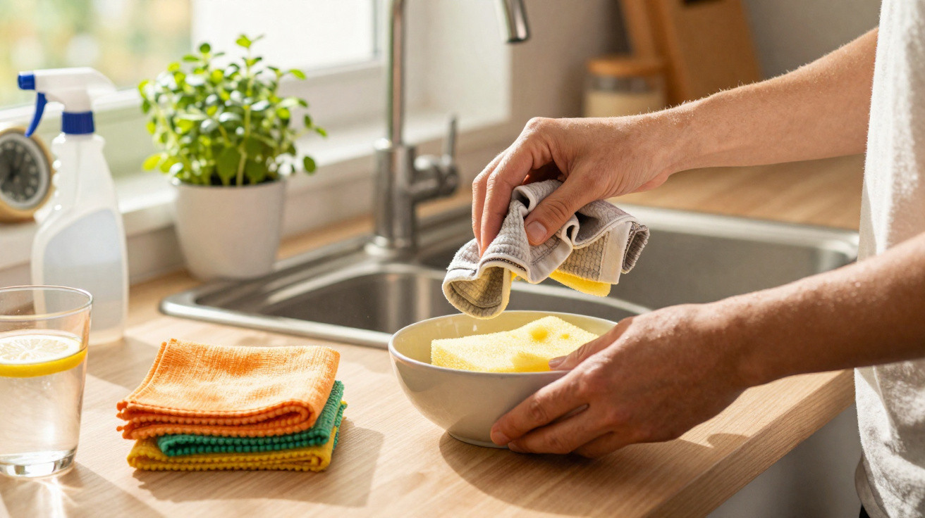 Mãos a secar uma esponja sobre uma cuba de cozinha, ao lado de panos coloridos e um copo com água e limão.