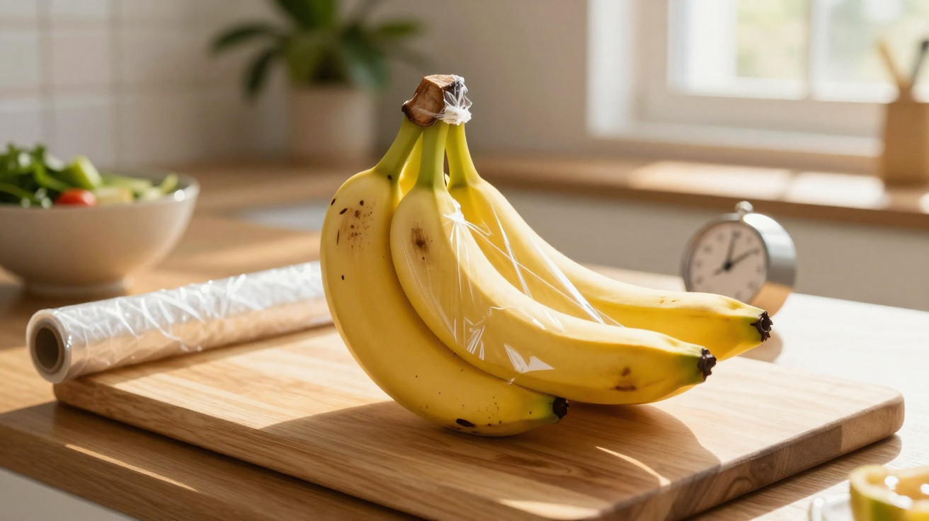 Banhais de bananas embrulhadas parcialmente em filme plástico sobre tábua de madeira numa cozinha iluminada.