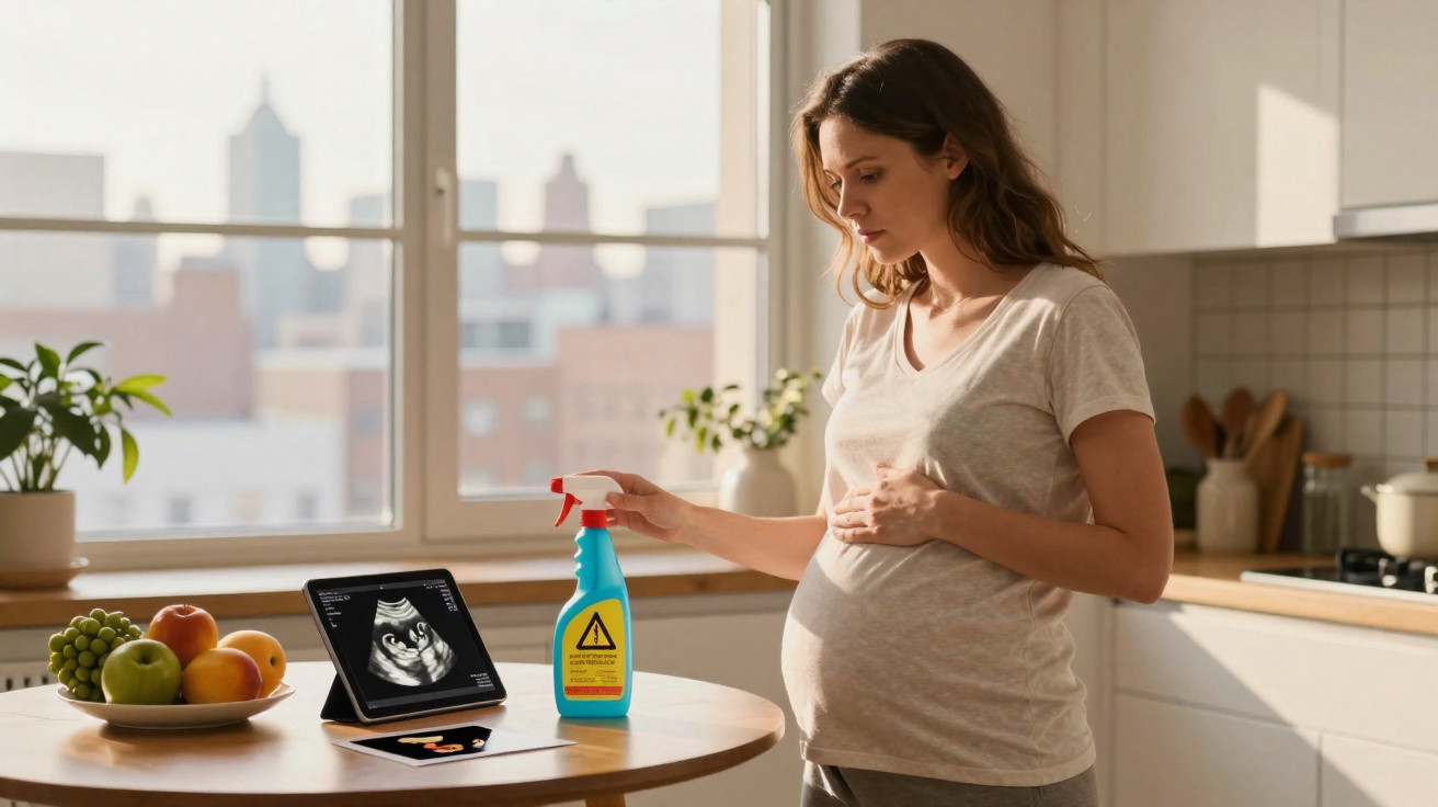 Mulher grávida segura barriga enquanto olha para ecografia num tablet na cozinha iluminada.