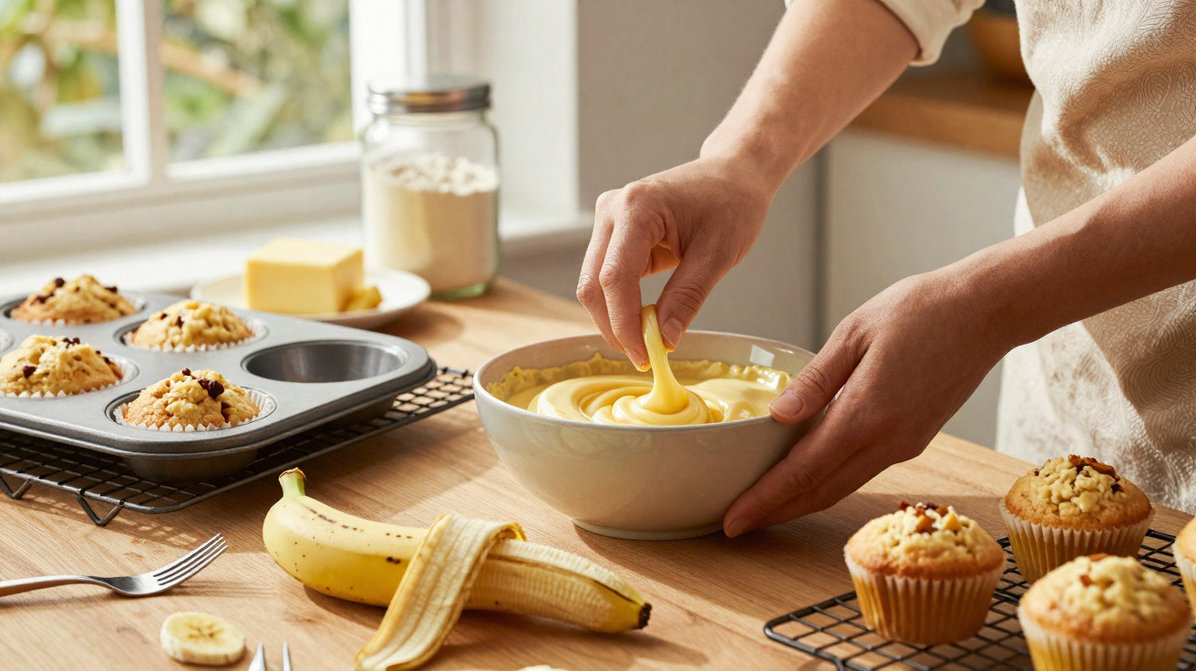 Pessoa a preparar massa para muffins de banana numa cozinha com ingredientes e muffins já cozinhados na bancada.